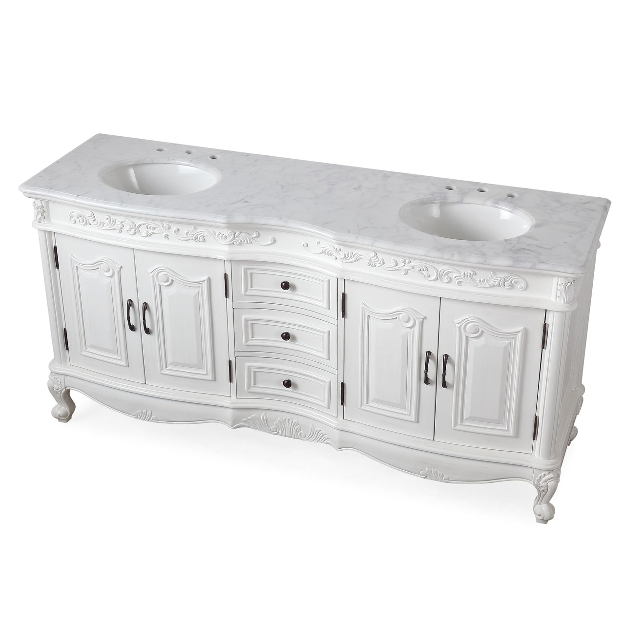 SilkRoad 72" Double Sink White Cabinet - Carrara White Marble Top, Ceramic Sink (3-hole)