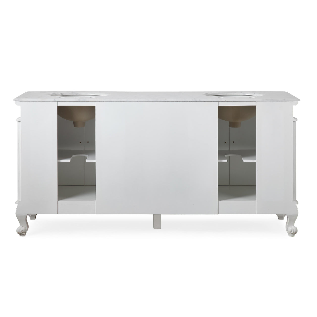 SilkRoad 72" Double Sink White Cabinet - Carrara White Marble Top, Ceramic Sink (3-hole)