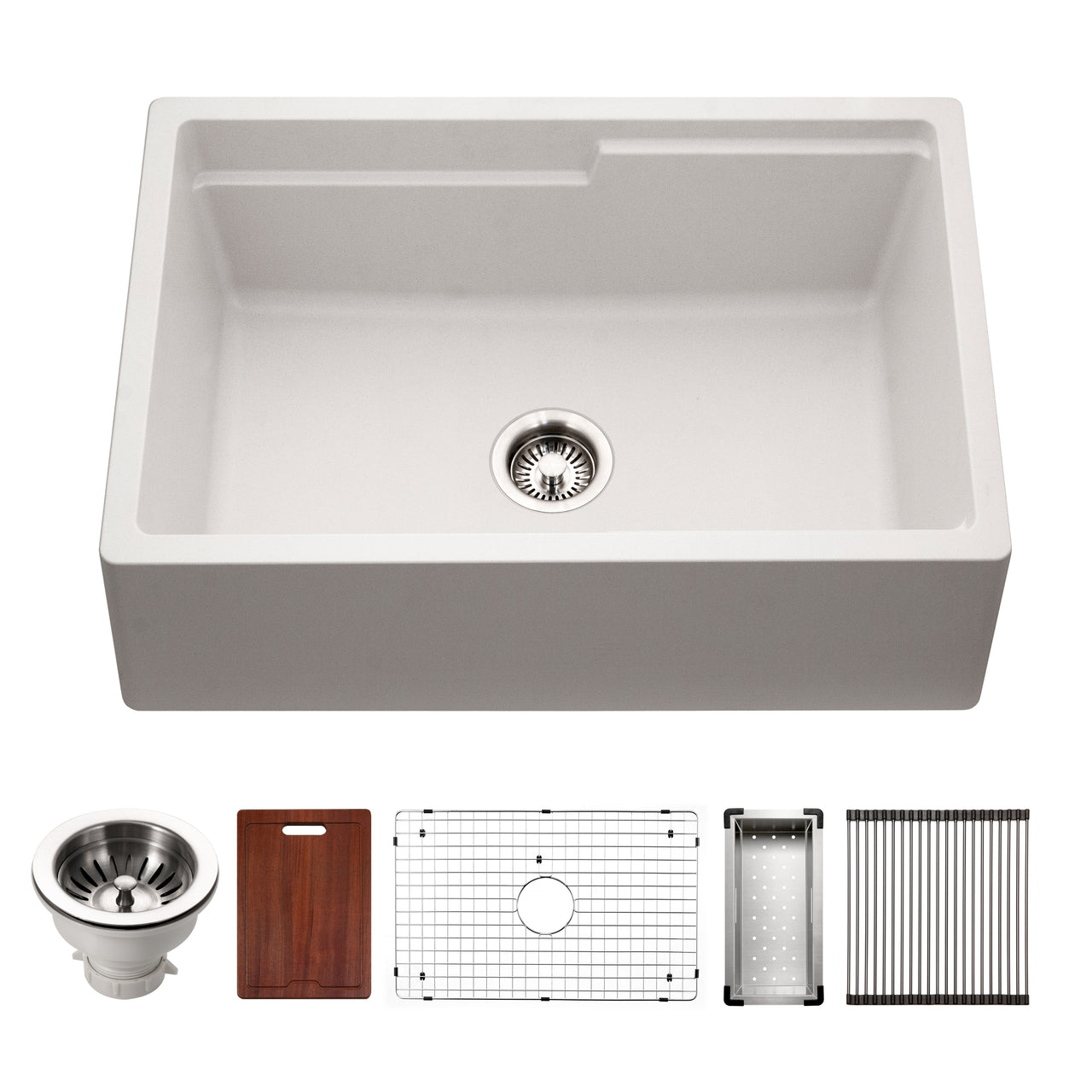 Houzer Quartztone 30" Apron Front Farmhouse Granite Workstation Kitchen Sink with Accessories