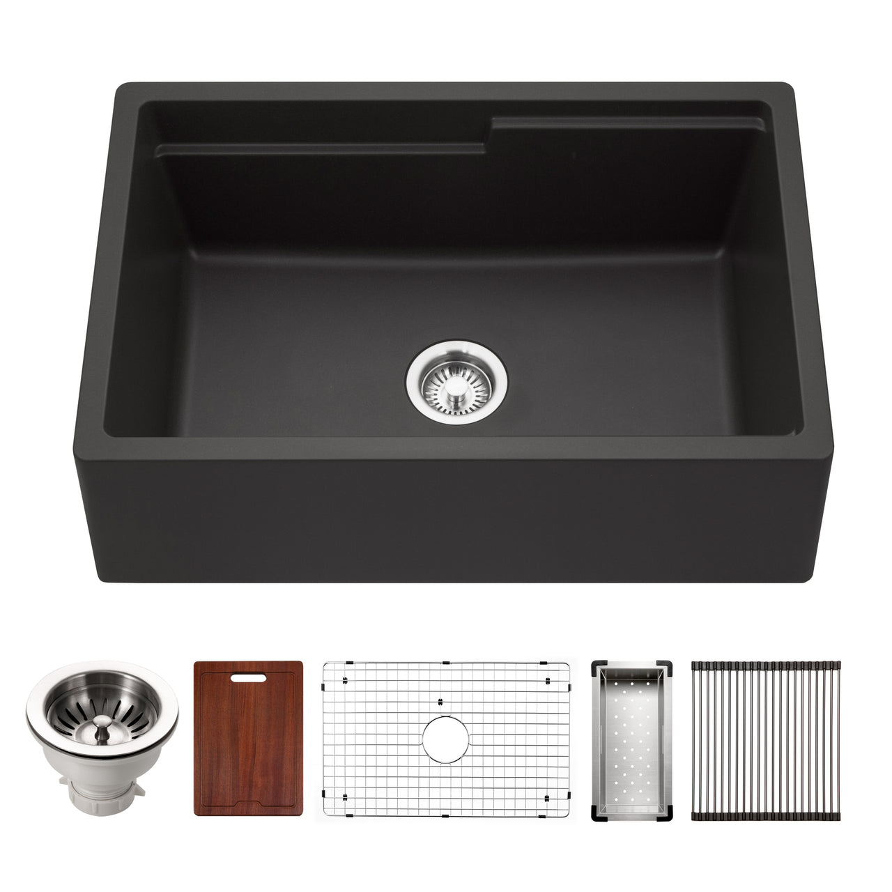 Houzer Quartztone 30" Apron Front Farmhouse Granite Workstation Kitchen Sink with Accessories