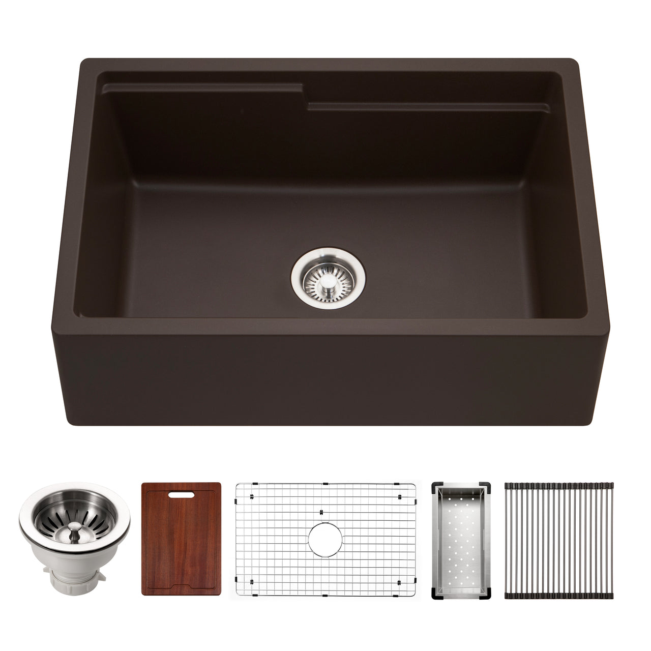 Houzer Quartztone 30" Apron Front Farmhouse Granite Workstation Kitchen Sink with Accessories