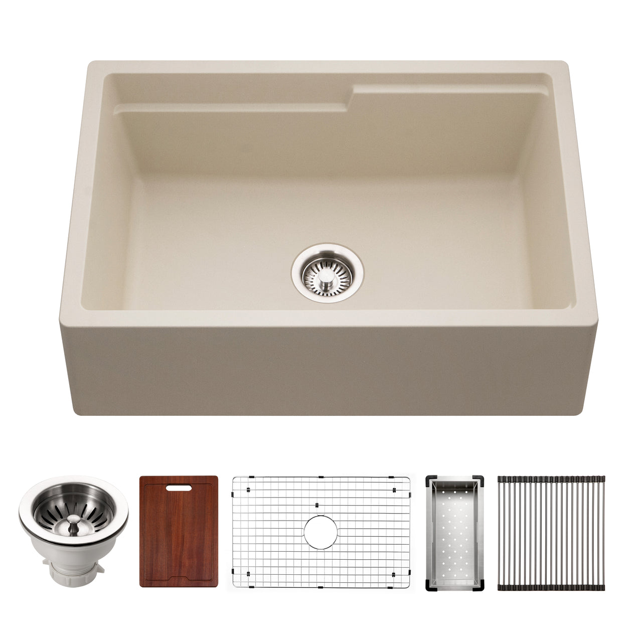 Houzer Quartztone 30" Apron Front Farmhouse Granite Workstation Kitchen Sink with Accessories