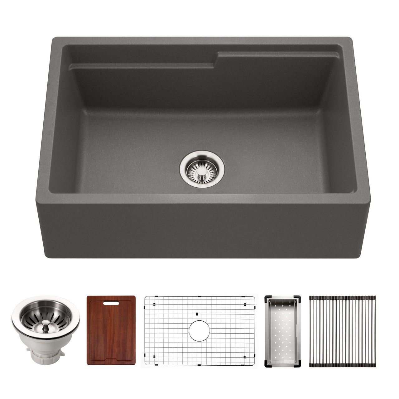 Houzer Quartztone 30" Apron Front Farmhouse Granite Workstation Kitchen Sink with Accessories