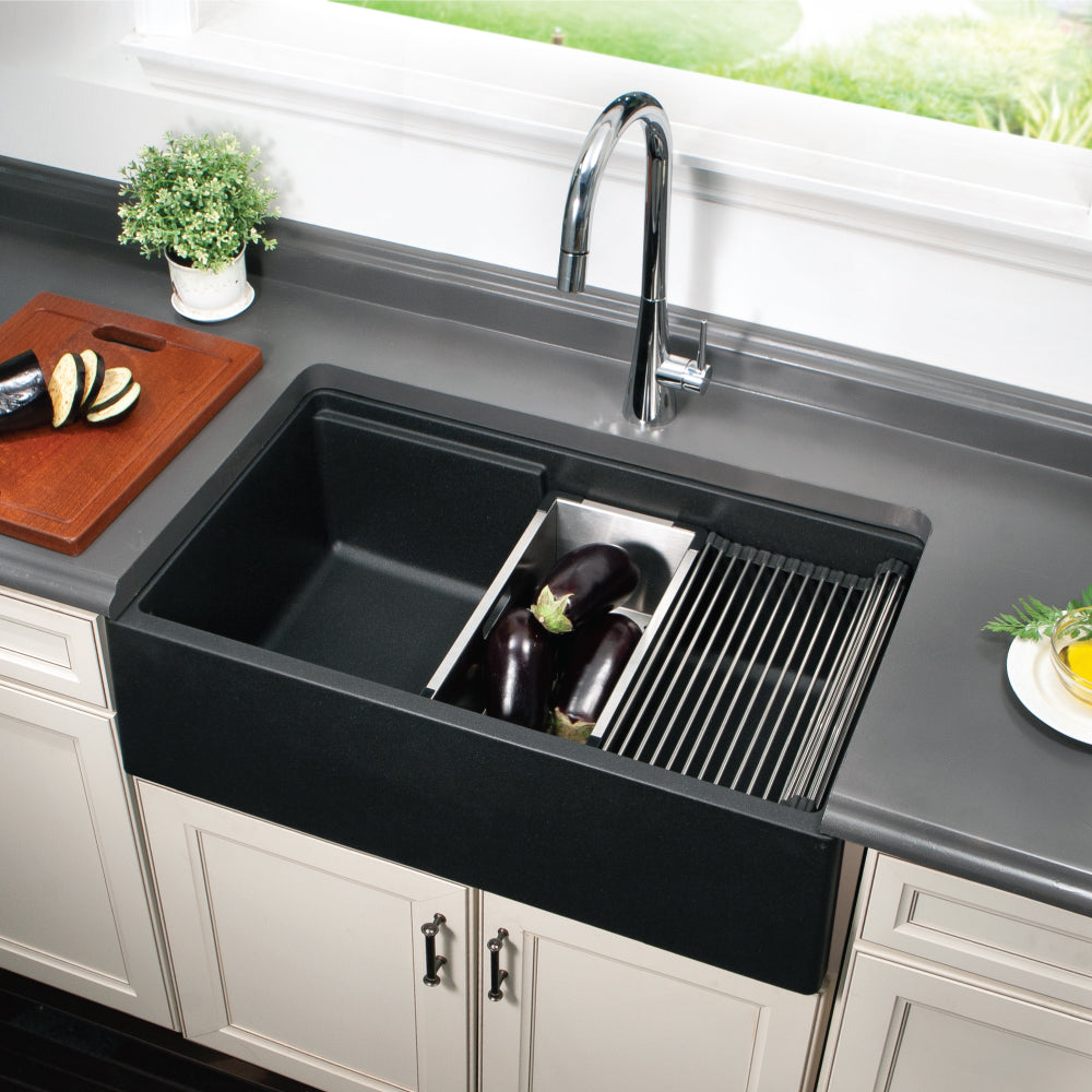 Houzer Quartztone 33" Apron Front Farmhouse Granite Composite Workstation Kitchen Sink with Accessories