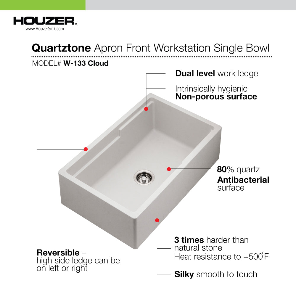 Houzer Quartztone 33" Apron Front Farmhouse Granite Composite Workstation Kitchen Sink with Accessories
