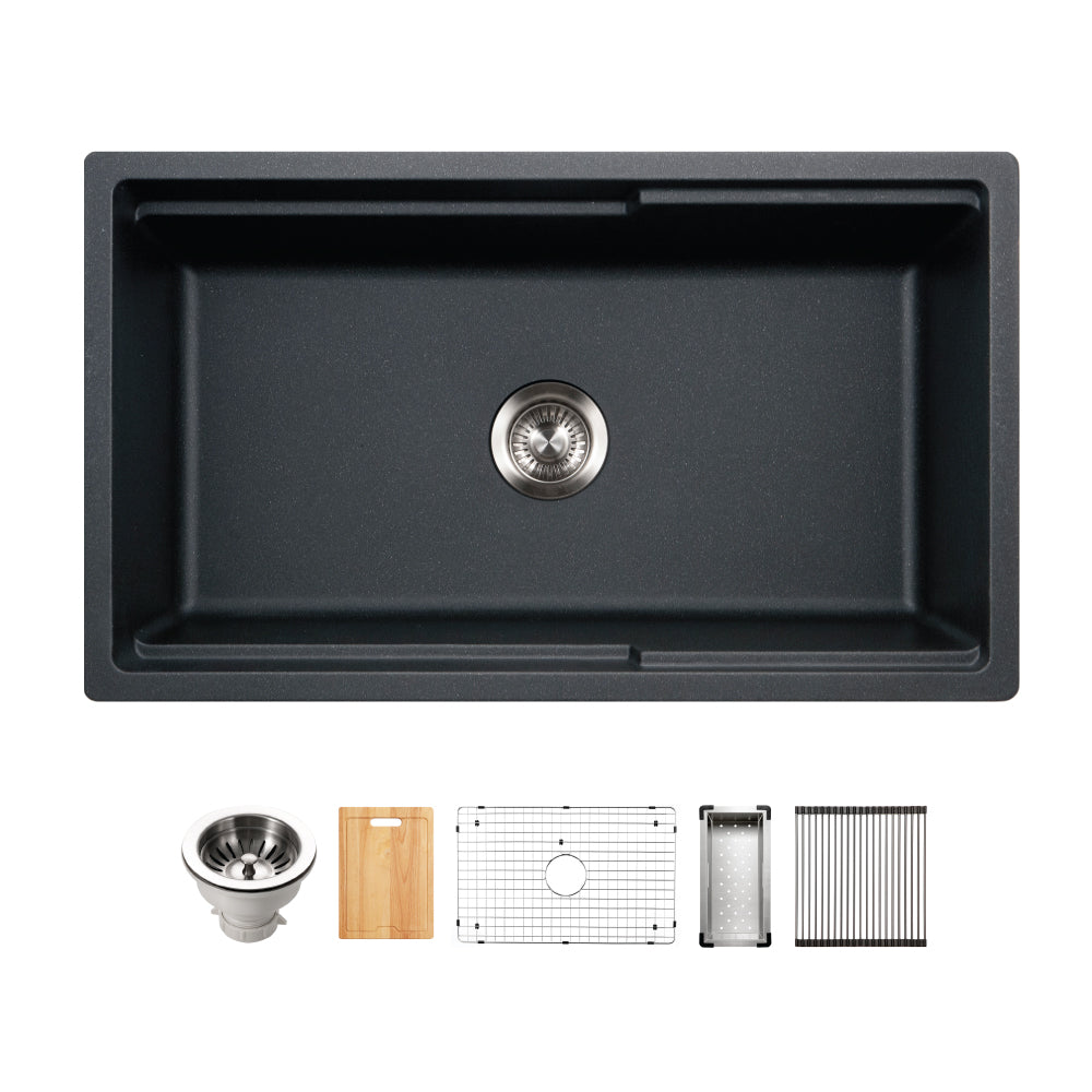 Houzer Quartztone 33" Apron Front Farmhouse Granite Composite Workstation Kitchen Sink with Accessories
