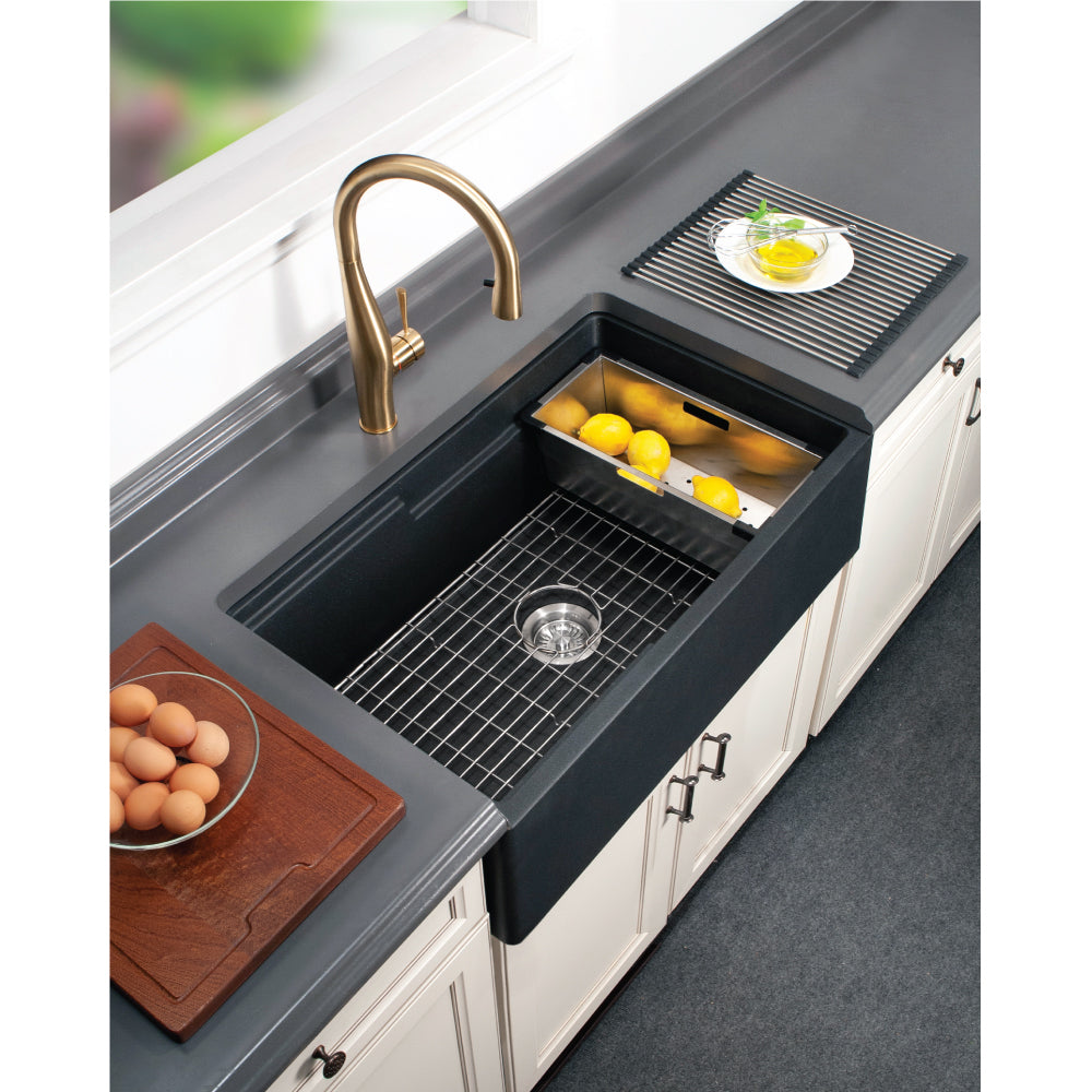 Houzer Quartztone 33" Apron Front Farmhouse Granite Composite Workstation Kitchen Sink with Accessories