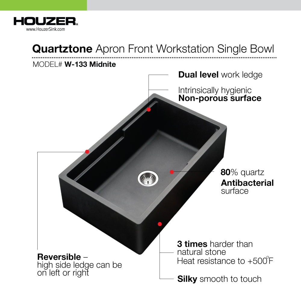 Houzer Quartztone 33" Apron Front Farmhouse Granite Composite Workstation Kitchen Sink with Accessories