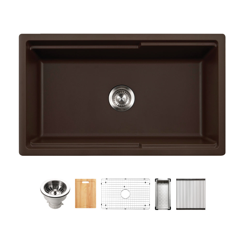 Houzer Quartztone 33" Apron Front Farmhouse Granite Composite Workstation Kitchen Sink with Accessories