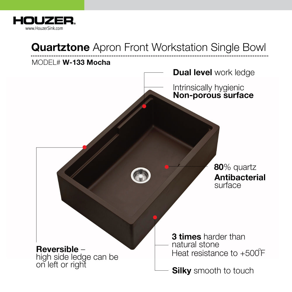 Houzer Quartztone 33" Apron Front Farmhouse Granite Composite Workstation Kitchen Sink with Accessories