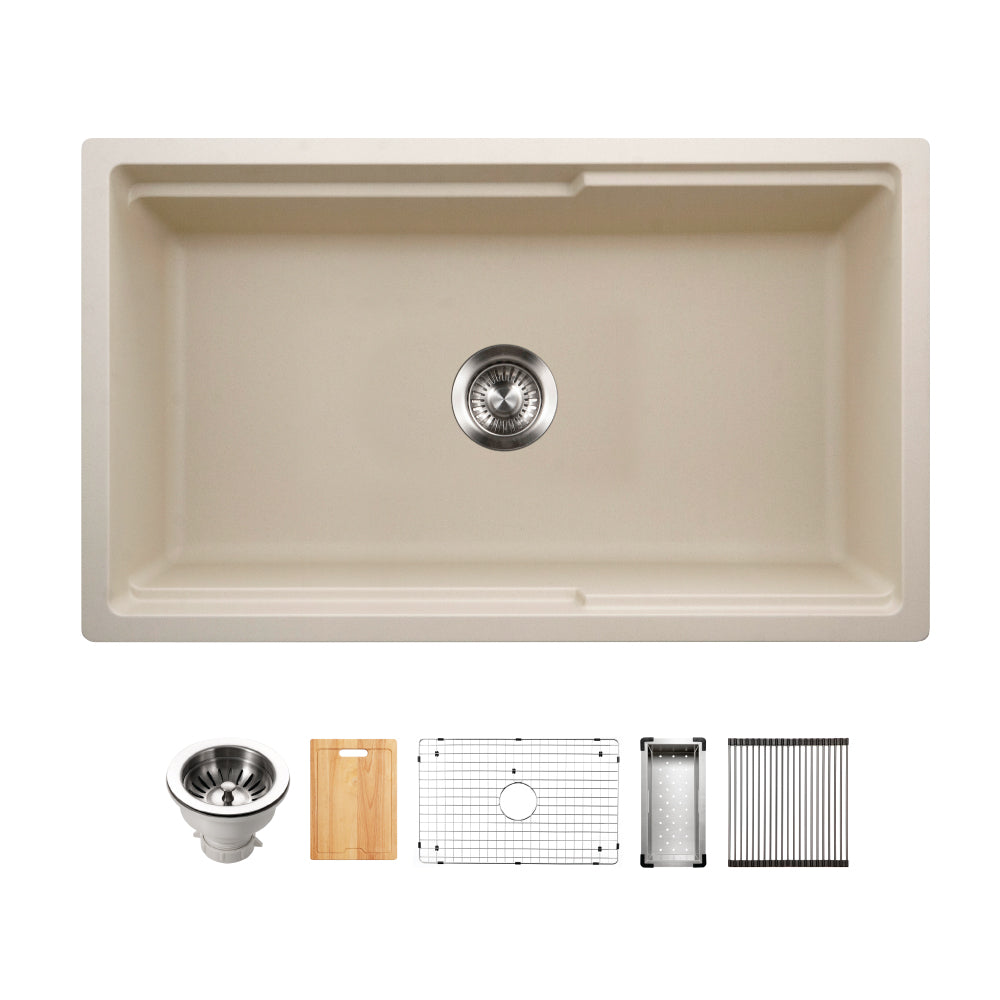 Houzer Quartztone 33" Apron Front Farmhouse Granite Composite Workstation Kitchen Sink with Accessories