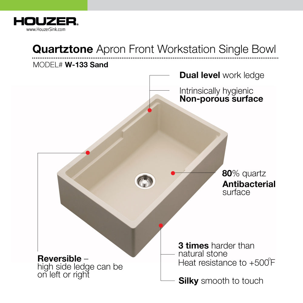 Houzer Quartztone 33" Apron Front Farmhouse Granite Composite Workstation Kitchen Sink with Accessories