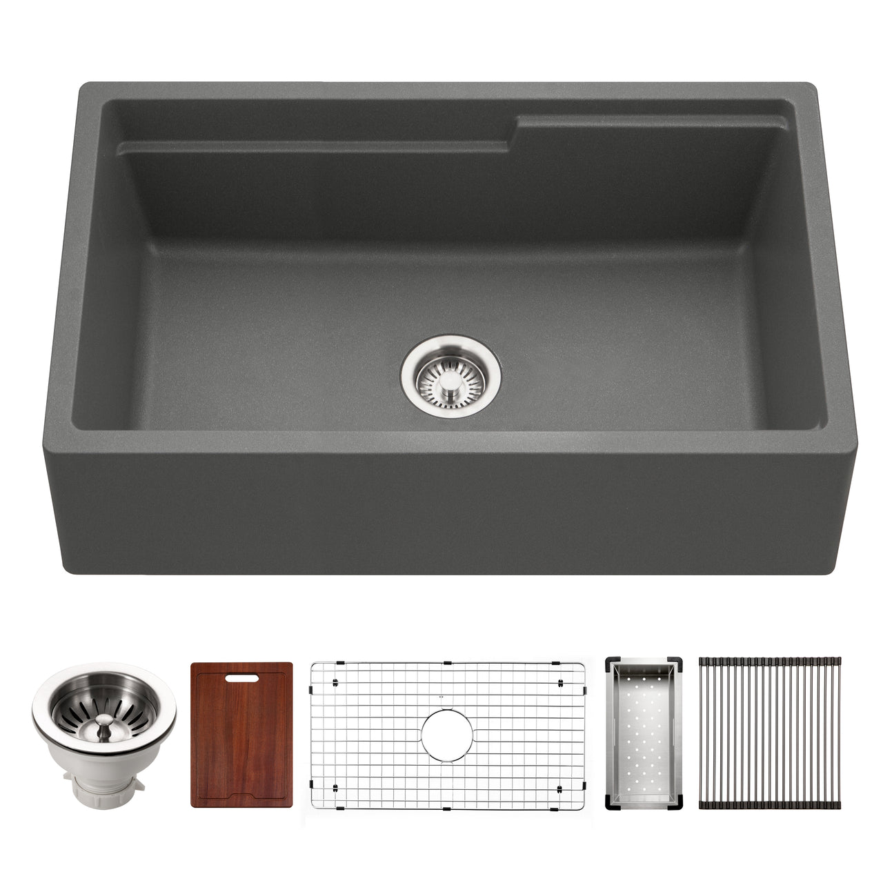 Houzer Quartztone 33" Apron Front Farmhouse Granite Composite Workstation Kitchen Sink with Accessories