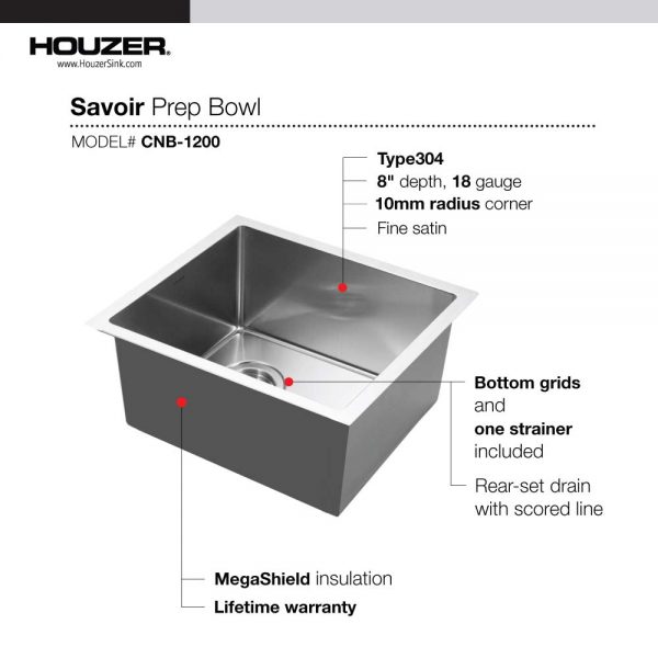 Houzer Savoir Stainless Steel Undermount Bowl Bar/Prep Kitchen Sink with Strainer &amp; Grid