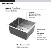 Thumbnail for Houzer Savoir Stainless Steel Undermount Bowl Bar/Prep Kitchen Sink with Strainer & Grid