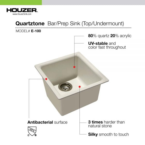 Houzer Quartztone 16 inch Granite Composite Dual Mount Topmount or Undermount Single Bowl Bar Sink