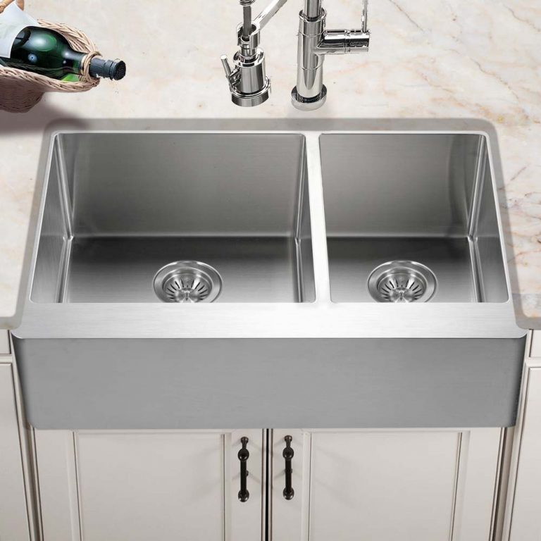 Houzer Epicure 33 inch Apron Front 60/40 Double Bowl Kitchen Sink, Small Right Bowl with Strainer & Grids