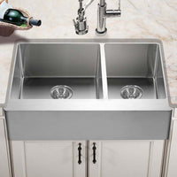 Thumbnail for Houzer Epicure 33 inch Apron Front 60/40 Double Bowl Kitchen Sink, Small Right Bowl with Strainer & Grids