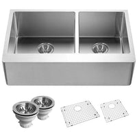 Thumbnail for Houzer Epicure 33 inch Apron Front 60/40 Double Bowl Kitchen Sink, Small Right Bowl with Strainer & Grids