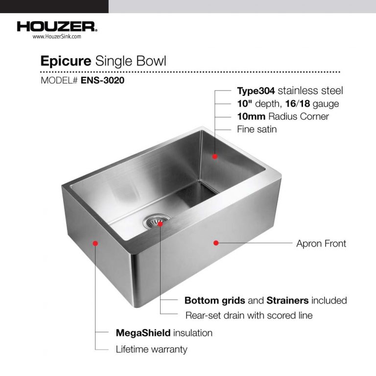 Houzer Epicure 30 inch Apron Front Farmhouse Single Bowl Kitchen Sink with Strainer & Grid