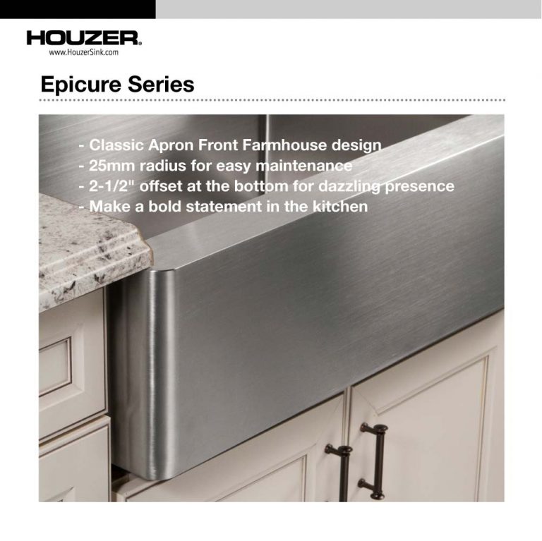 Houzer Epicure 33 inch Apron Front 60/40 Double Bowl Kitchen Sink, Small Right Bowl with Strainer & Grids