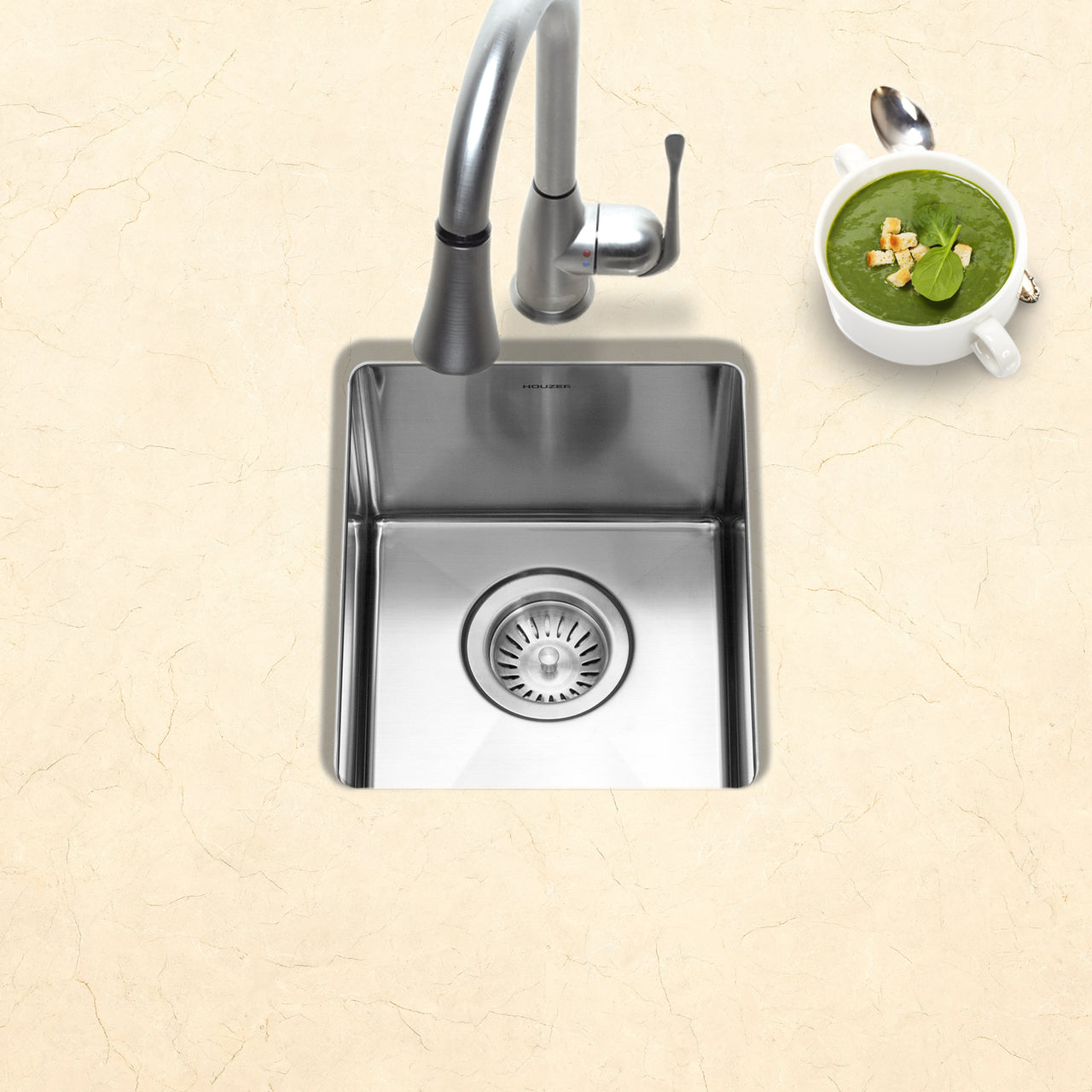 Houzer Savoir Stainless Steel Undermount Bowl Bar/Prep Kitchen Sink with Strainer &amp; Grid