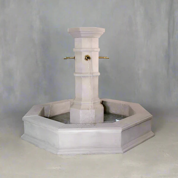 Octavius Outdoor Concrete Column Fountain – Plumbed for Pond with Rustic Spouts