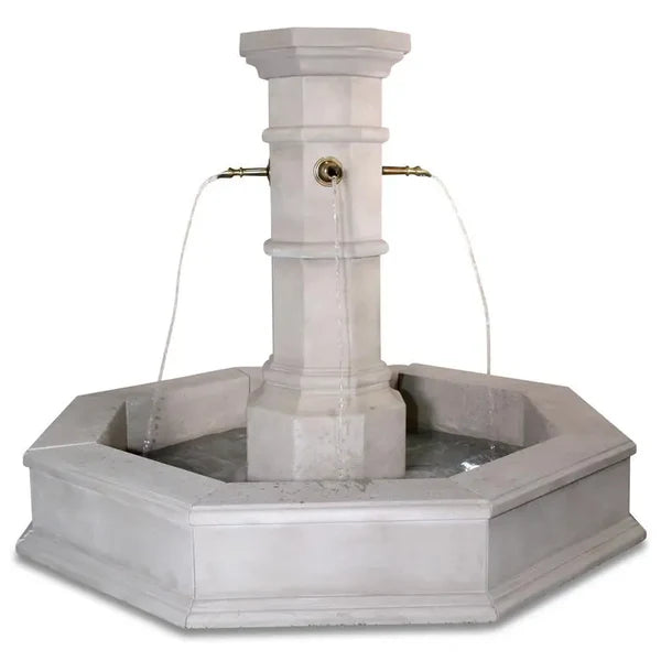 Octavius Outdoor Concrete Column Fountain – Plumbed for Pond with Rustic Spouts