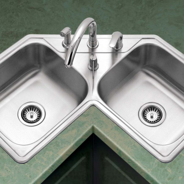 Houzer Legend 32" Stainless Steel Drop-in Topmount 4-hole 50/50 Double Bowl Corner Kitchen Sink, Nested 20-Pack