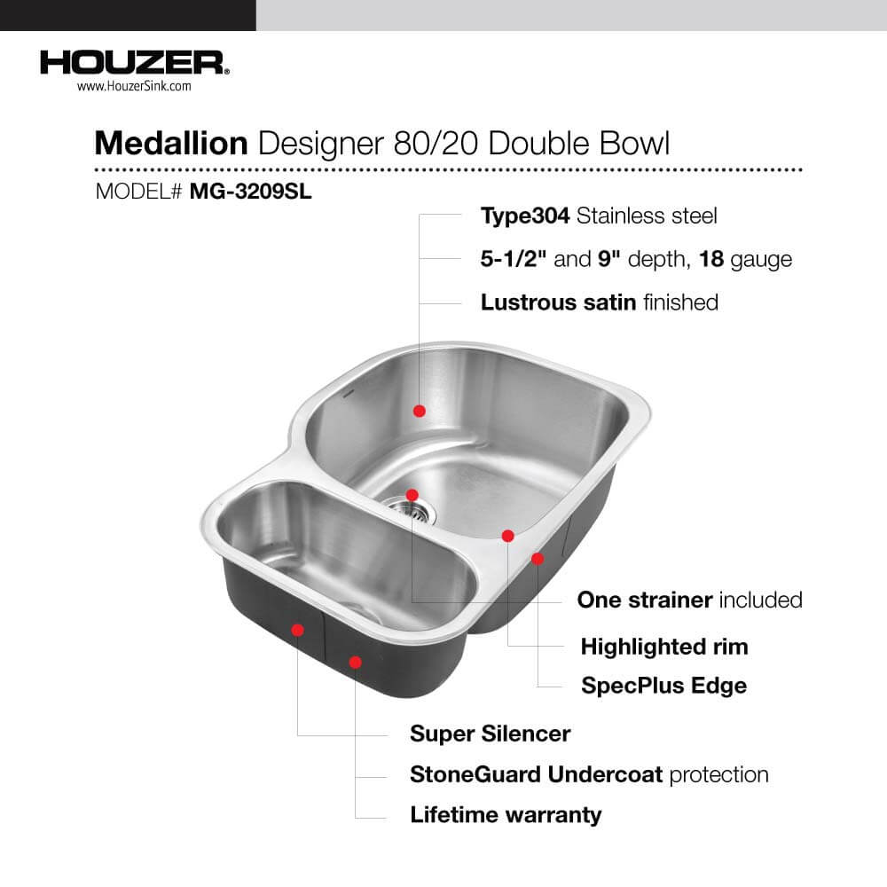 Houzer Medallion 32" Stainless Steel Undermount Double Small Bowl Kitchen Sink, Nested 20-Pack