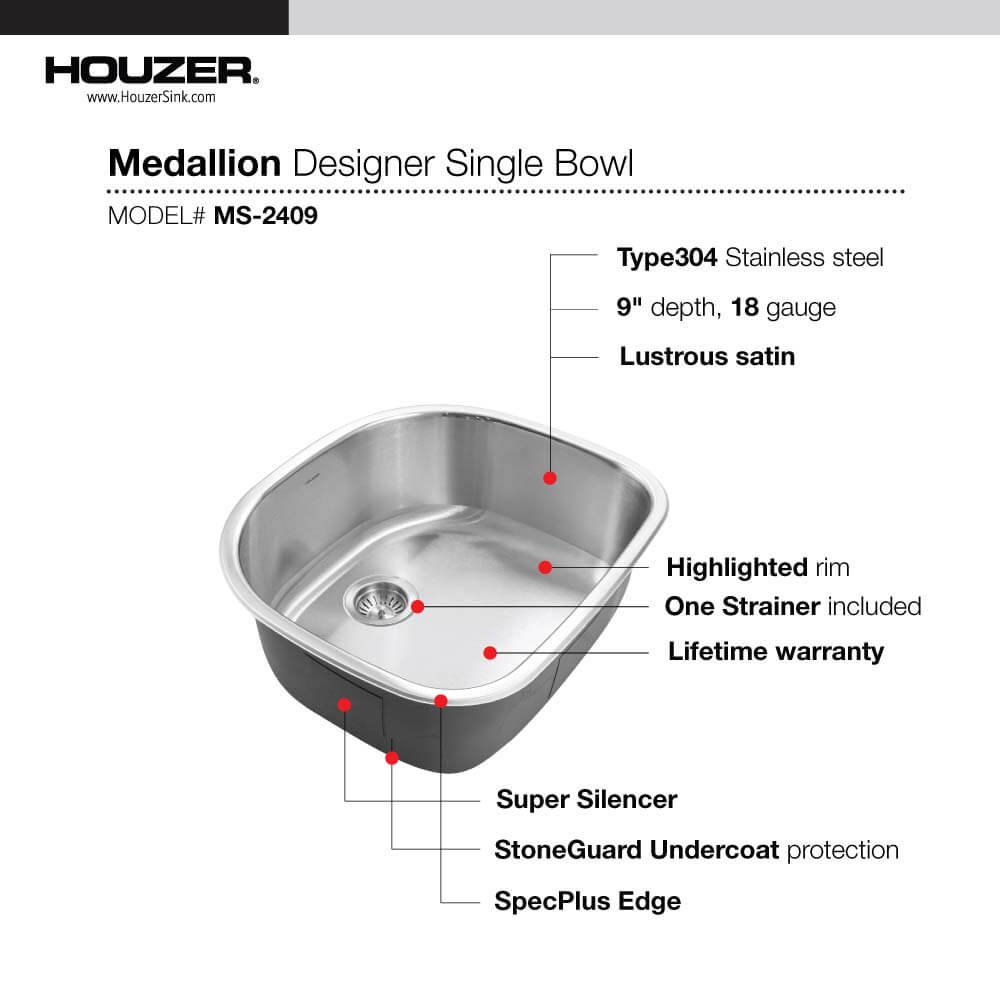 Houzer Medallion Designer Series Stainless Steel Undermount Single D-Bowl Kitchen Sink – Nested 20-Pack