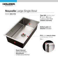 Thumbnail for Houzer Nouvelle 31 inch Stainless Steel Undermount Single Bowl Kitchen Sink with Strainer & Grid