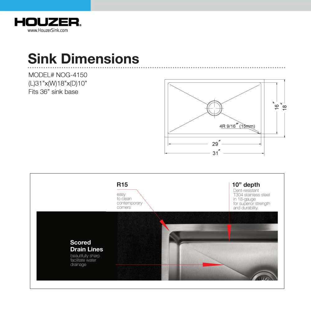 Houzer Nouvelle 31 inch Stainless Steel Undermount Single Bowl Kitchen Sink with Strainer & Grid