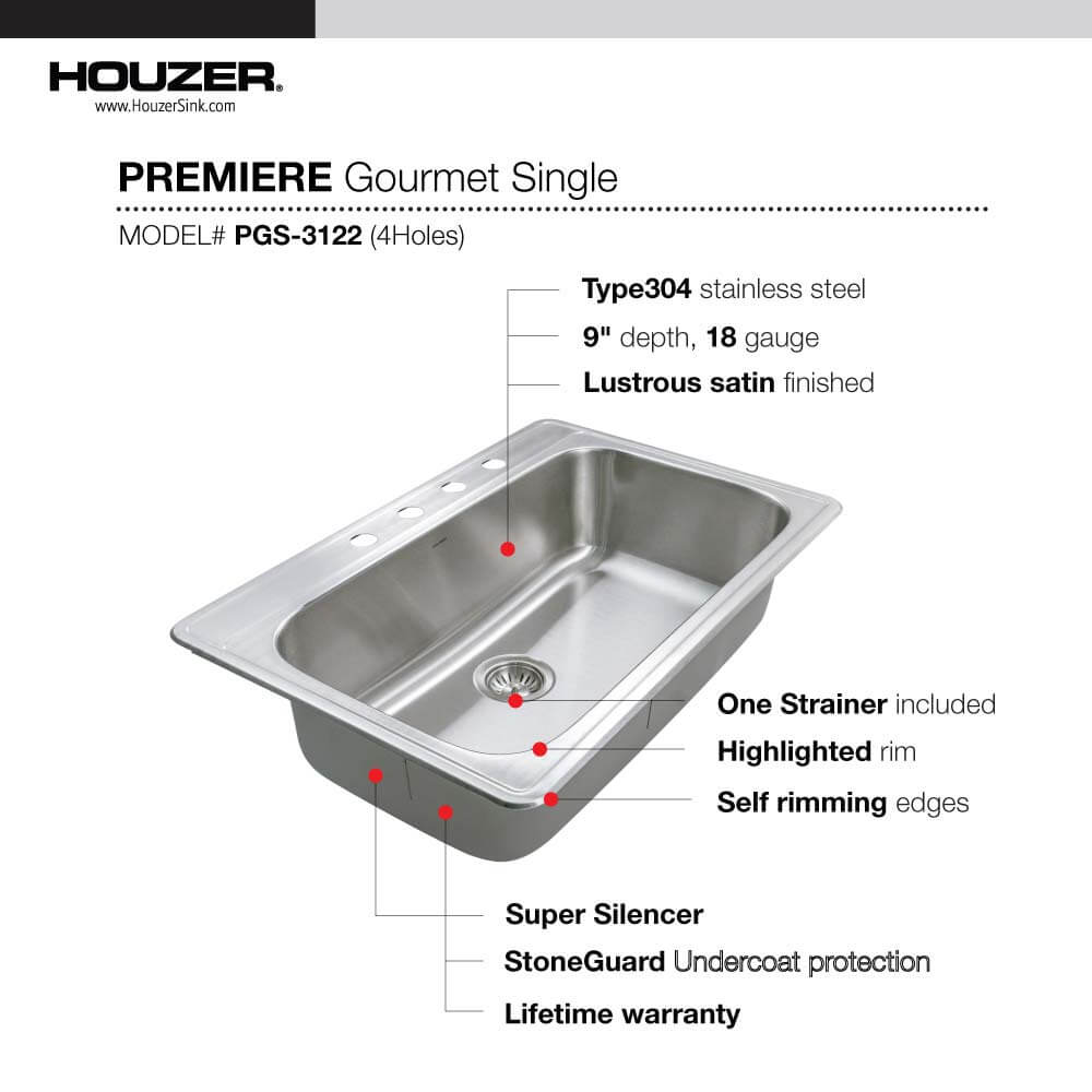 Houzer Premier 33 inch Stainless Steel Drop-in Topmount Single Bowl Kitchen Sink, Nested 20-Pack