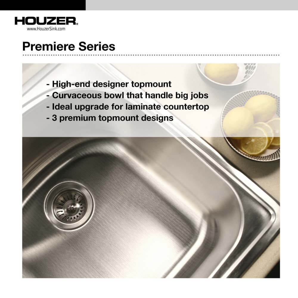 Houzer Premier 33 inch Stainless Steel Drop-in Topmount Single Bowl Kitchen Sink, Nested 20-Pack