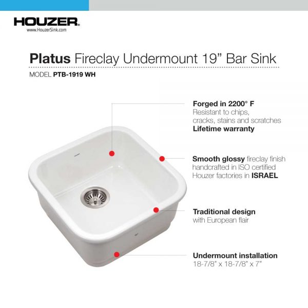 Houzer Platus White Fireclay Square Undermount Single Bowl Bar Sink