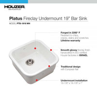 Thumbnail for Houzer Platus White Fireclay Square Undermount Single Bowl Bar Sink