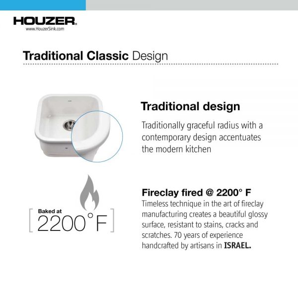 Houzer Platus White Fireclay Square Undermount Single Bowl Bar Sink