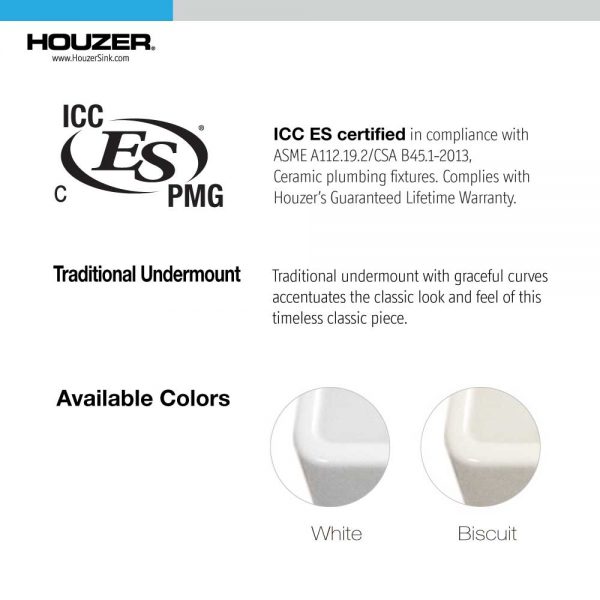 Houzer Platus White Fireclay Square Undermount Single Bowl Bar Sink