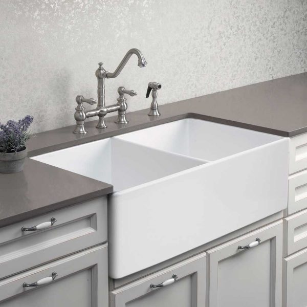 Houzer Platus 33 inch White Fireclay Apron Front Farmhouse Double Bowl Kitchen Sink