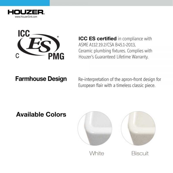 Houzer Platus White Fireclay Apron Front Farmhouse Single Bowl Kitchen Sink