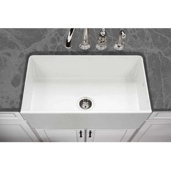 Houzer Platus White Fireclay Apron Front Farmhouse Single Bowl Kitchen Sink
