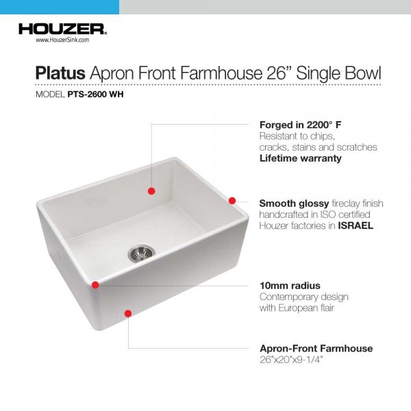 Houzer Platus White Fireclay Apron Front Farmhouse Single Bowl Kitchen Sink