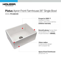 Thumbnail for Houzer Platus White Fireclay Apron Front Farmhouse Single Bowl Kitchen Sink