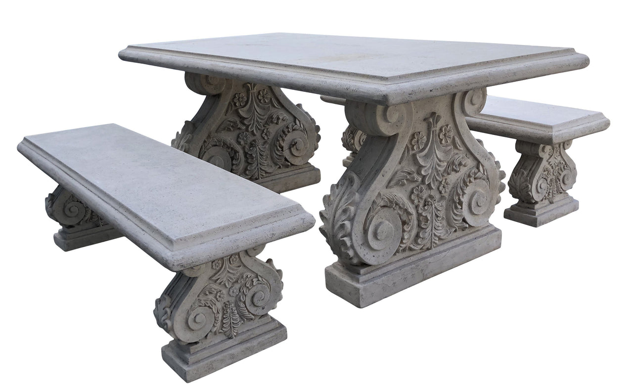 AFD Classic Acanthus Garden Table and Bench set of 3 (KIT) Patio AFD White Stone 