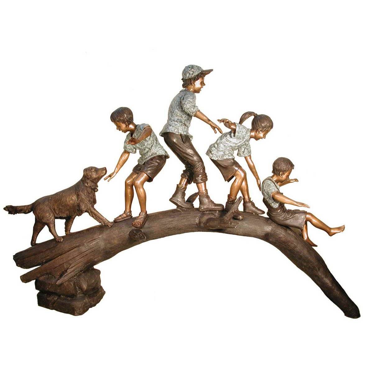AFD Kids and Dog on Log Bridge Décor AFD Bronze 