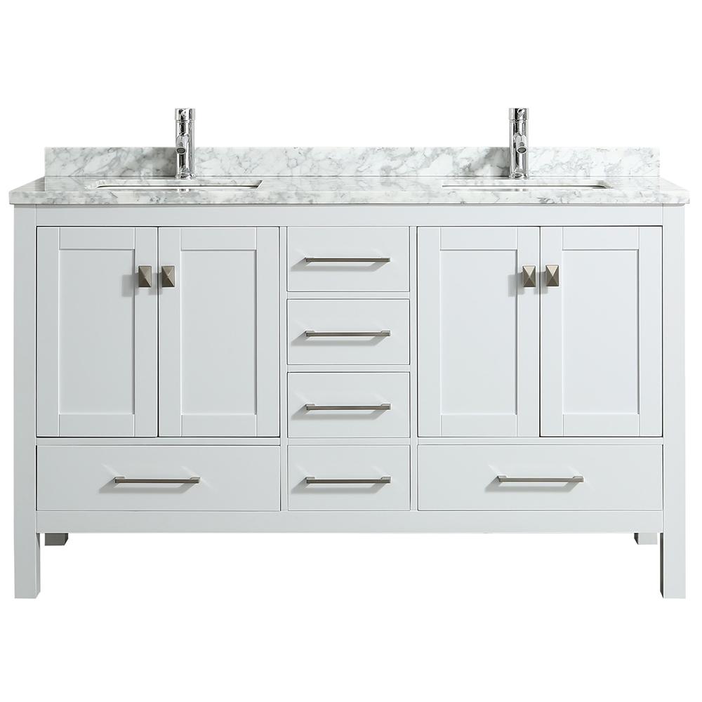 Eviva London 60″ x 18″ Transitional Double Sink Bathroom Vanity w/ White Carrara Top Vanity Eviva White 