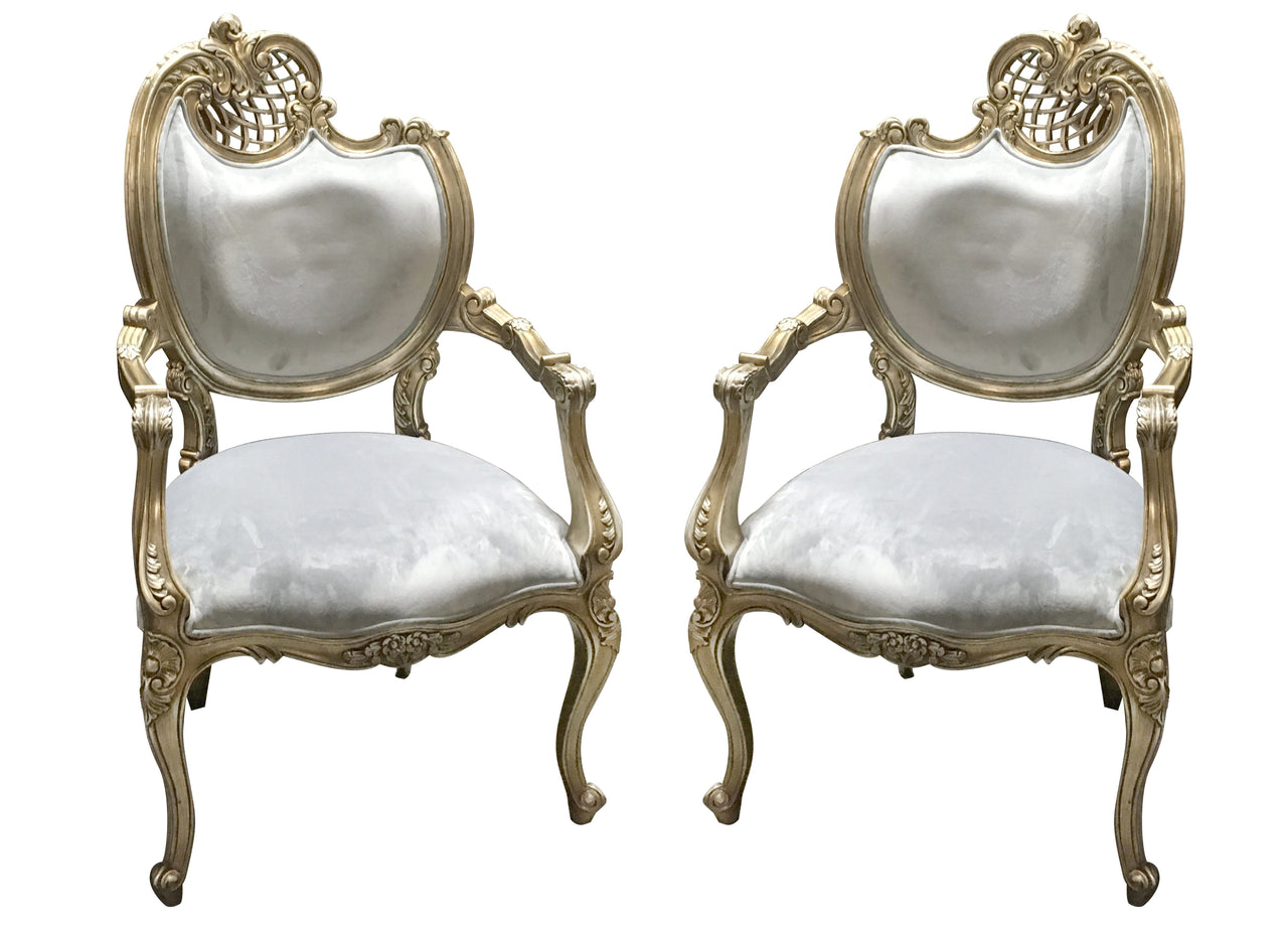 AFD Pair of French Rococo Fire Platina Side Chair in Silver Finish Chairs AFD Silver 