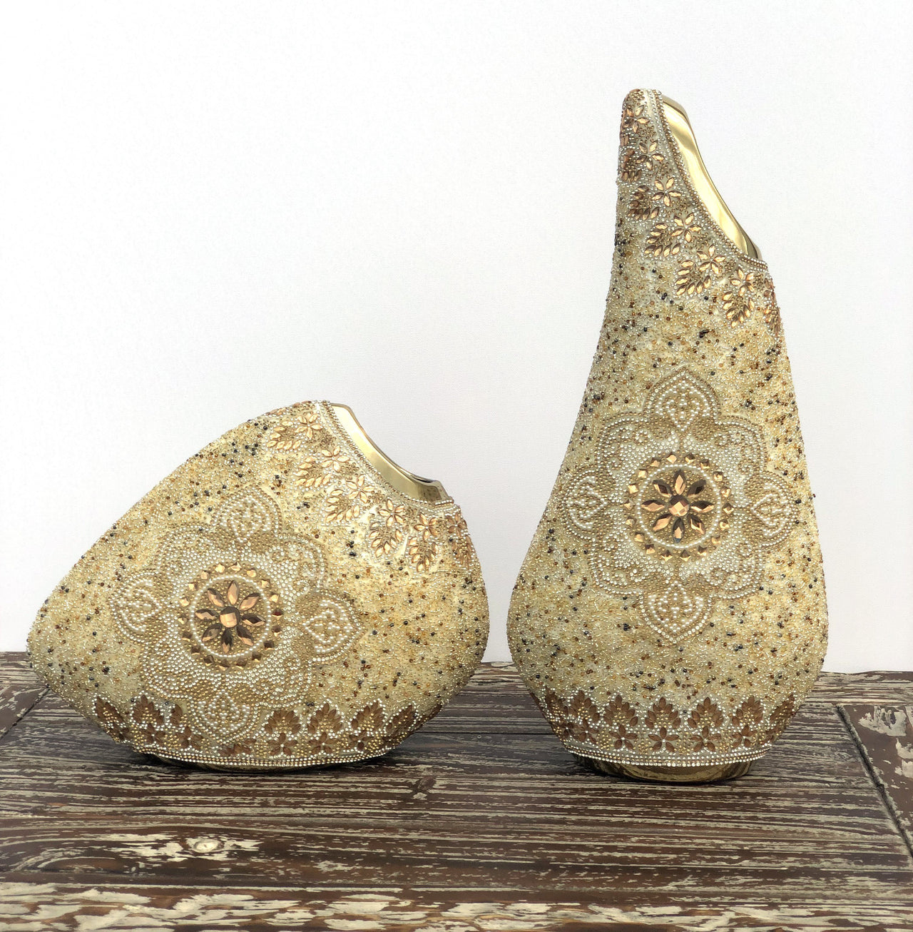 AFD Insculpted Jeweled Art Vase Set Of 2 Décor AFD Gold, Ivory 