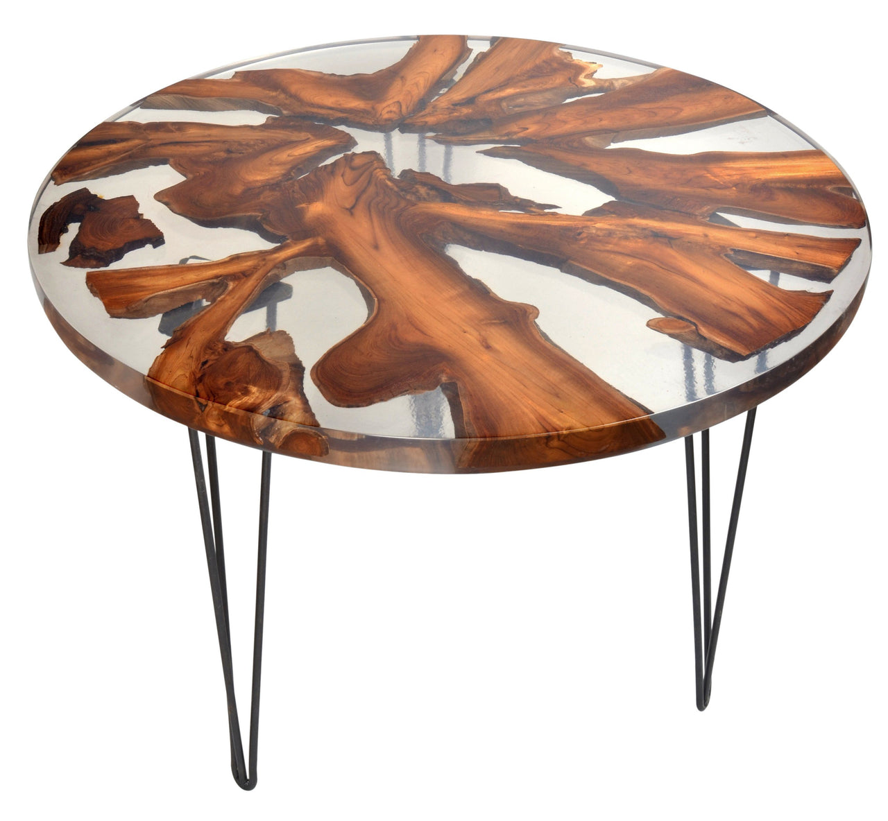 AFD Artistic Conjoined Floating Teak Acrylic Round Table 39 Inch Table With Iron Stand Tables AFD Brown, Clear and Black 